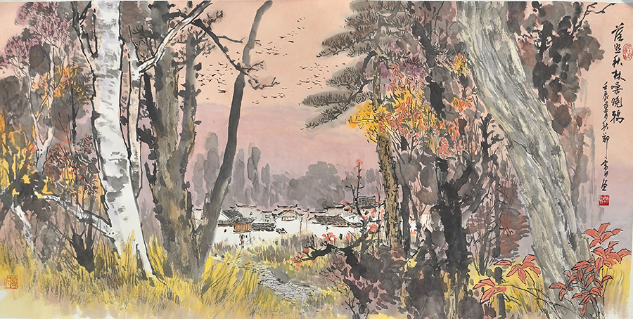 落照秋林噪晚鸦 71.5×141cm